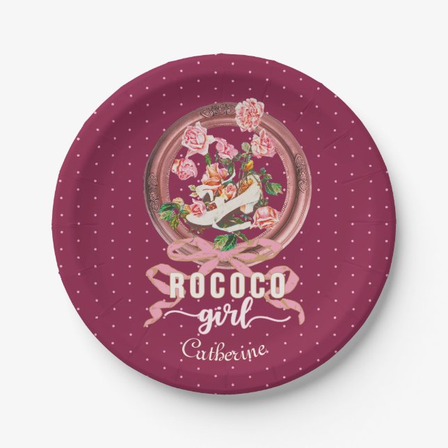 Cute Girly Pink Rococo Shoe Roses Bow Name Paper Plates (Front)