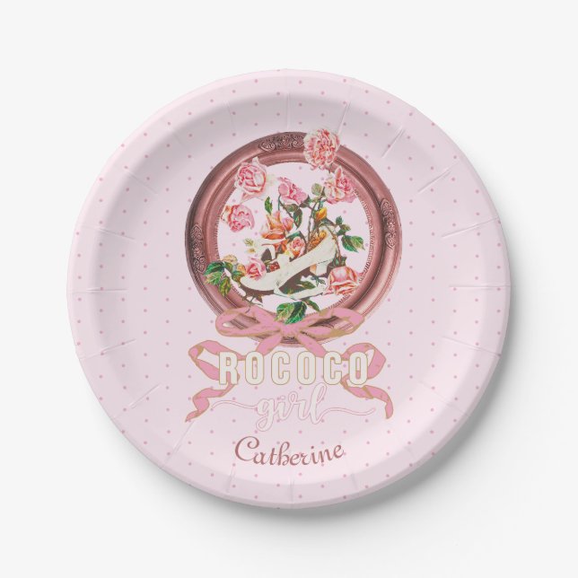 Cute Girly Pink Rococo Shoe Roses Bow Name Paper Plates (Front)