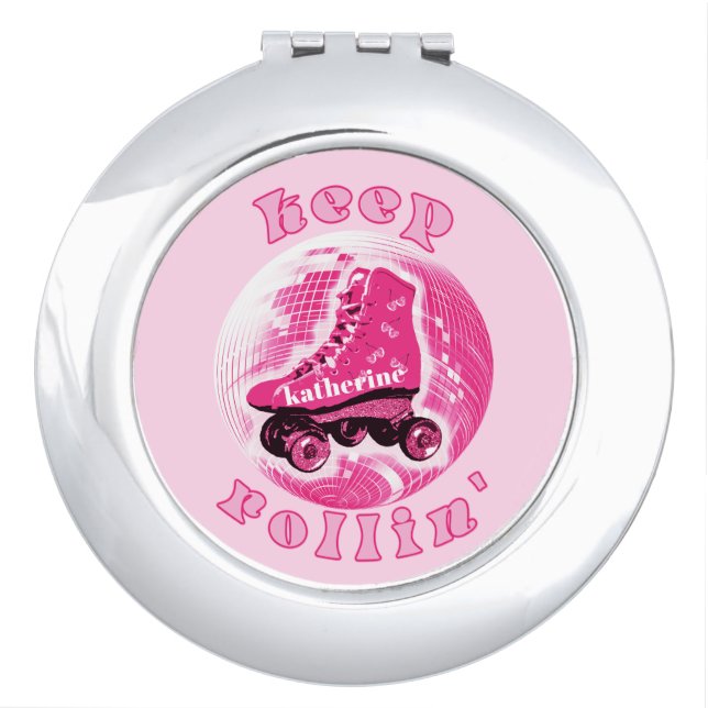 Cute Girly Pink Roller Skate Keep Rollin Compact Mirror (Front)