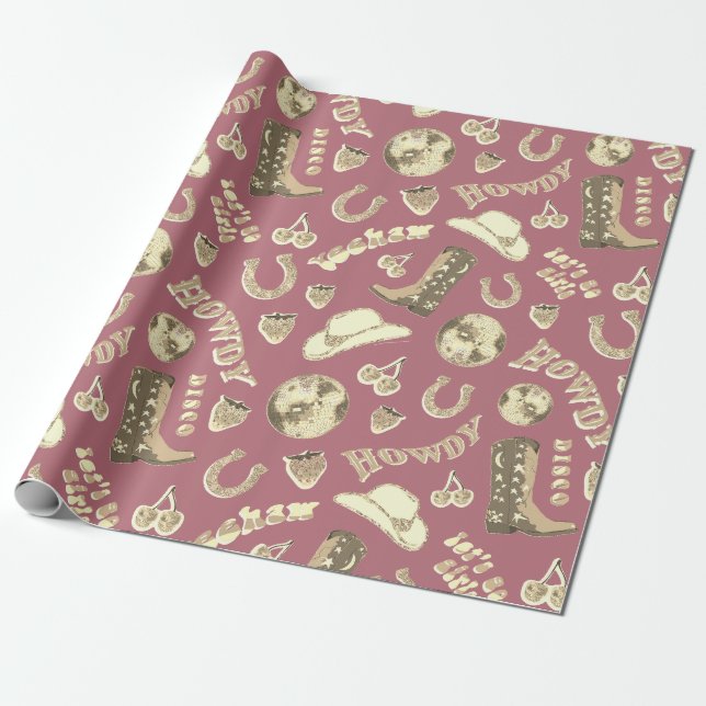 Cute Girly Pink Rose Gold Disco Cowgirl Aesthetic Wrapping Paper (Unrolled)