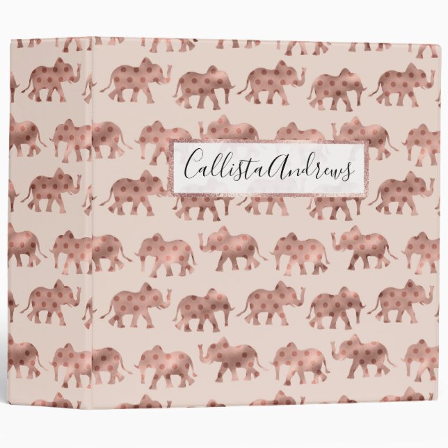 Cute Girly Pink Rose Gold Polka Dot Elephants 3 Ring Binder (Front/Spine)