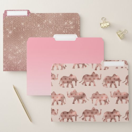 Cute Girly Pink Rose Gold Polka Dot Elephants File Folder