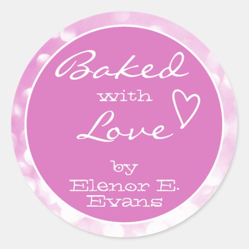 Cute Girly Pink Rose Orbs Frame Baked with Love Classic Round Sticker