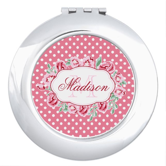 Cute Girly Pink Roses and Dots Monogram Compact Mirror (Front)