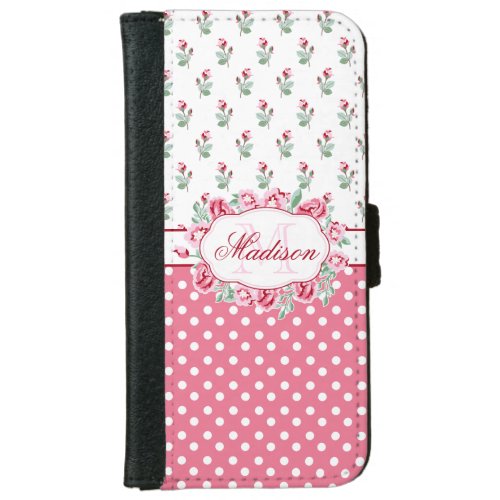 Cute Girly Pink Roses and Dots Monogram iPhone 66s Wallet Case