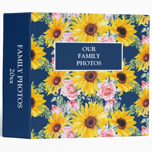 Cute Girly Pink Roses Sunflowers Navy Blue Photo 3 Ring Binder