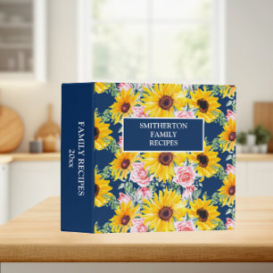 Cute Girly Pink Roses Sunflowers Navy Blue Recipes 3 Ring Binder