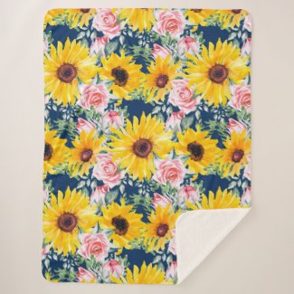 Cute Girly Pink Roses Sunflowers Navy Blue  Sherpa Blanket
