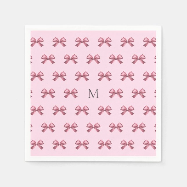 Cute Girly Pink Satin Aesthetic Bow Monogram Napkins (Front)
