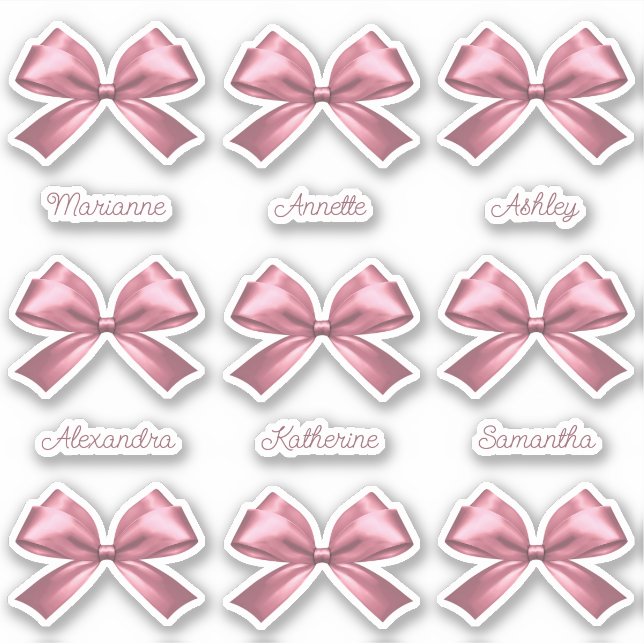 Cute Girly Pink Satin Aesthetic Bow Names Sticker (Front)