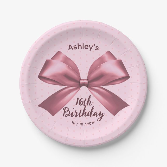 Cute Girly Pink Satin Aesthetic Bow Paper Plates (Front)