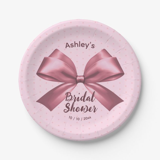 Cute Girly Pink Satin Aesthetic Bow Paper Plates (Front)