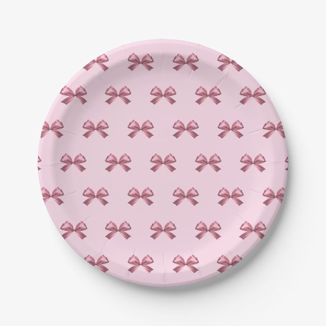 Cute Girly Pink Satin Aesthetic Bow Paper Plates (Front)