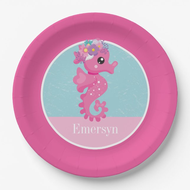 Cute Girly Pink Seahorse Kids Name Paper Plates (Front)