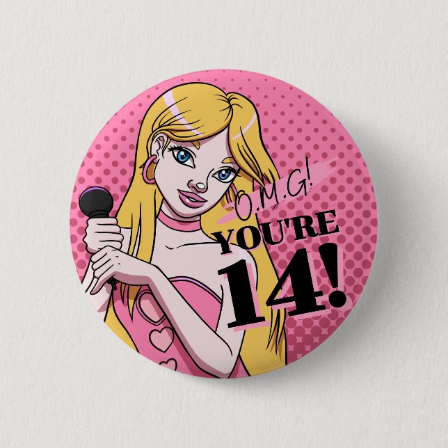 Cute Girly Pink Singer Teen 14th Birthday Button (Front)