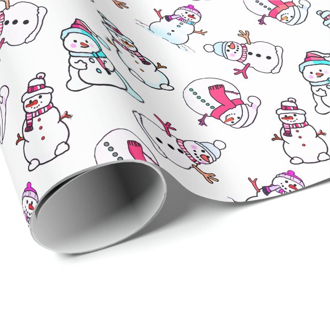 Cute Girly Pink Snowman | White Christmas Wrapping Paper (Roll Corner)