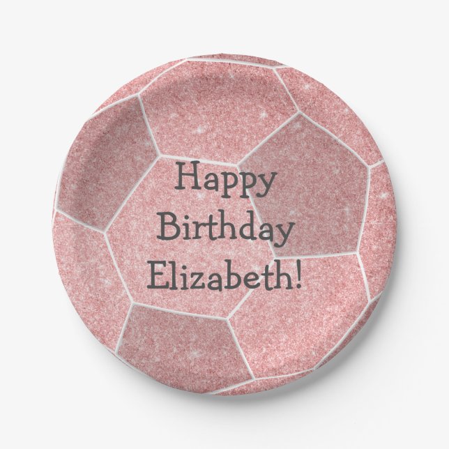 cute girly pink soccer birthday party paper plates (Front)