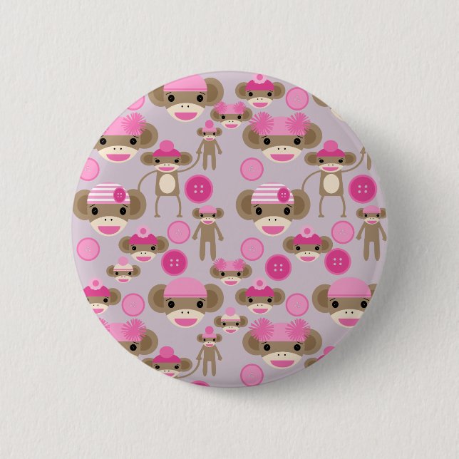 Cute Girly Pink Sock Monkey Girl Pattern Collage Pinback Button (Front)