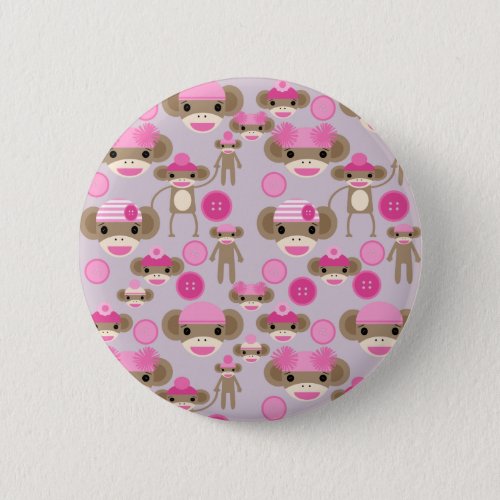 Cute Girly Pink Sock Monkey Girl Pattern Collage Pinback Button