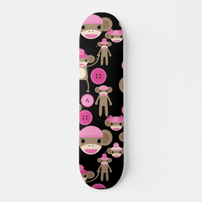 Cute Girly Pink Sock Monkeys Girls on Black Skateboard Deck (Front)