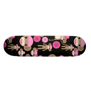 Cute Girly Pink Sock Monkeys Girls on Black Skateboard Deck