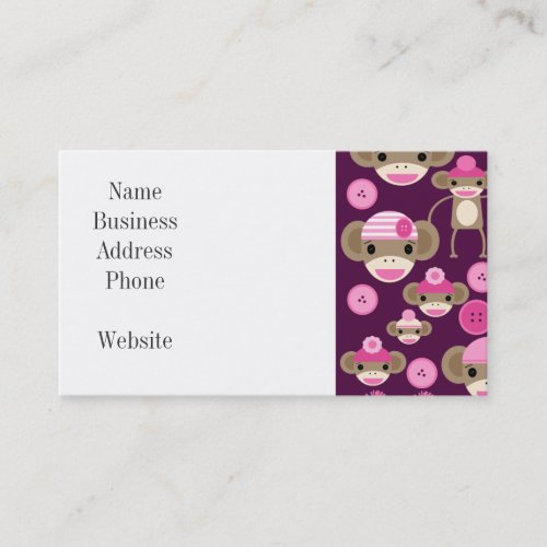 Cute Girly Pink Sock Monkeys Girls on Purple Business Card