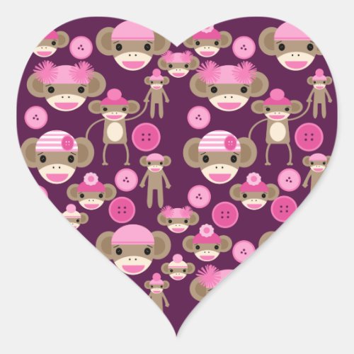Cute Girly Pink Sock Monkeys Girls on Purple Heart Sticker