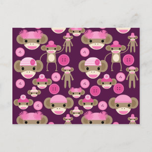 Cute Girly Pink Sock Monkeys Girls on Purple Postcard