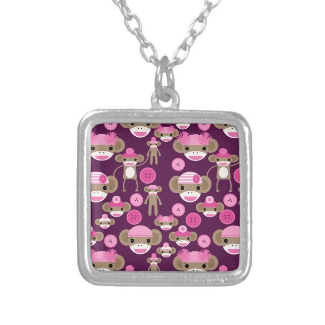 Cute Girly Pink Sock Monkeys Girls on Purple Silver Plated Necklace (Front)