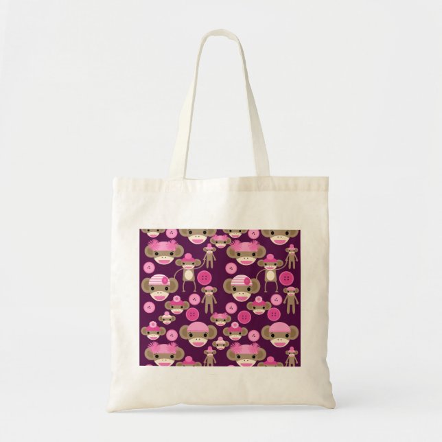Cute Girly Pink Sock Monkeys Girls on Purple Tote Bag (Front)