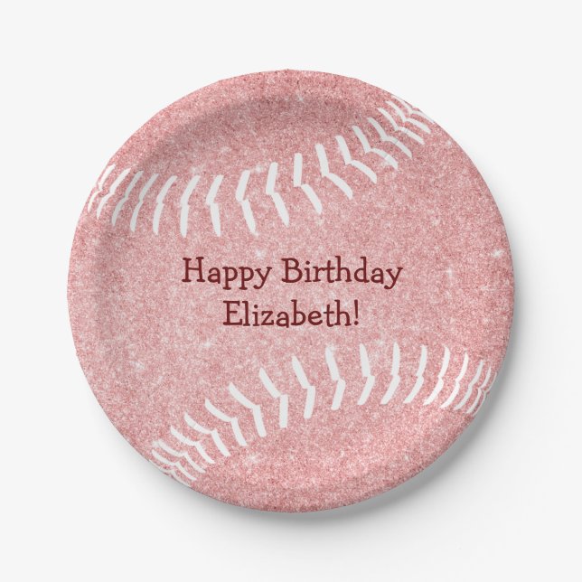 cute girly pink softball baseball birthday party paper plates (Front)