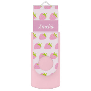 Cute Girly Pink Strawberry Pattern Personalised Flash Drive