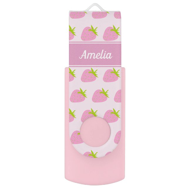 Cute Girly Pink Strawberry Pattern Personalised Flash Drive (Front Vertical)
