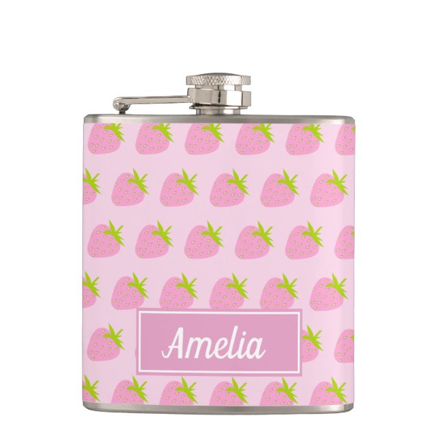 Cute Girly Pink Strawberry Pattern Personalised Flask (Front)