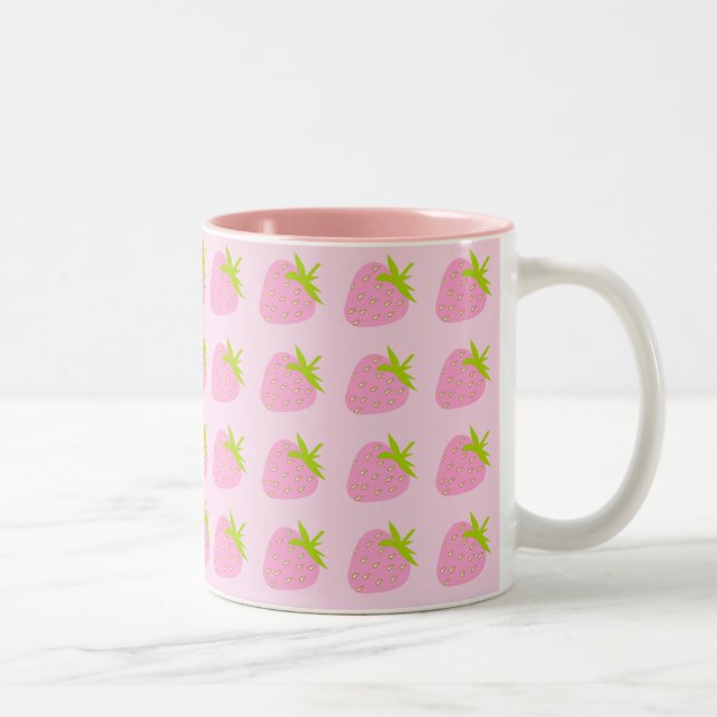 Cute Girly Pink Strawberry Pattern Two-Tone Coffee Mug (Right)