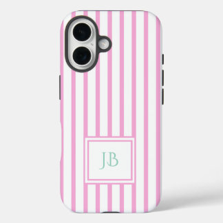 Cute Girly Pink Striped Personalized Initial iPhone 16 Case