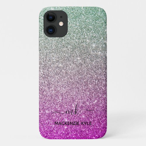 Cute Girly Pink Teal Ombre Glitter Monogram Name iPhone 11 Case