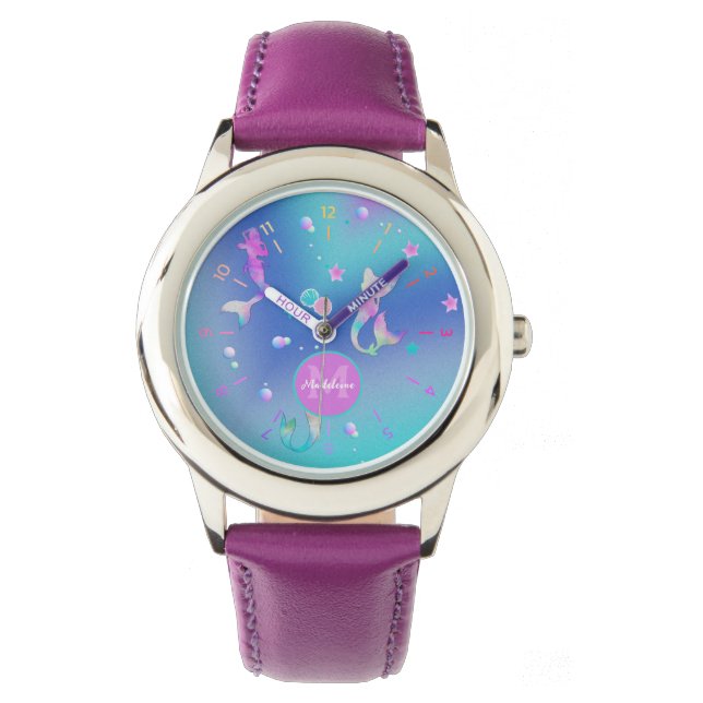 Cute Girly Pink Teal Sea Ocean Mermaids Monogram Watch (Front)