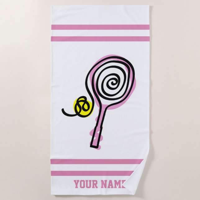 Cute girly pink tennis racket design custom beach towel (Front)