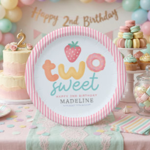 Cute Girly Pink Two Sweet Summer 2nd Birthday Paper Plates