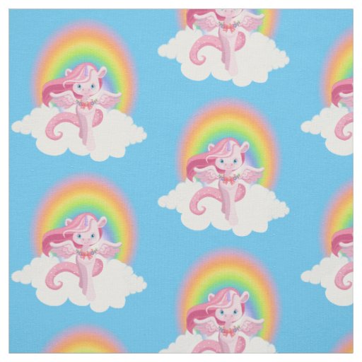 Cute Girly Pink Unicorn Pegasus Rainbow Fabric