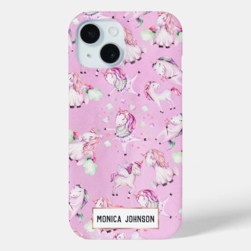 Cute Girly Pink Unicorn Rainbow Watercolor iPhone 15 Case