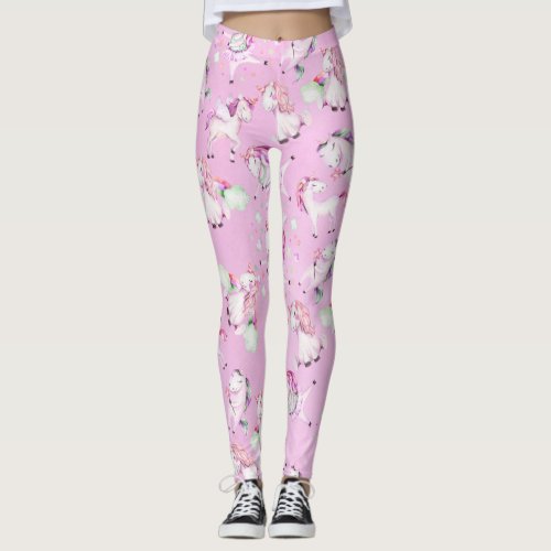 Cute Girly Pink Unicorn Rainbow Watercolor Leggings