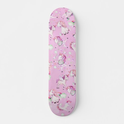 Cute Girly Pink Unicorn Rainbow Watercolor Skateboard