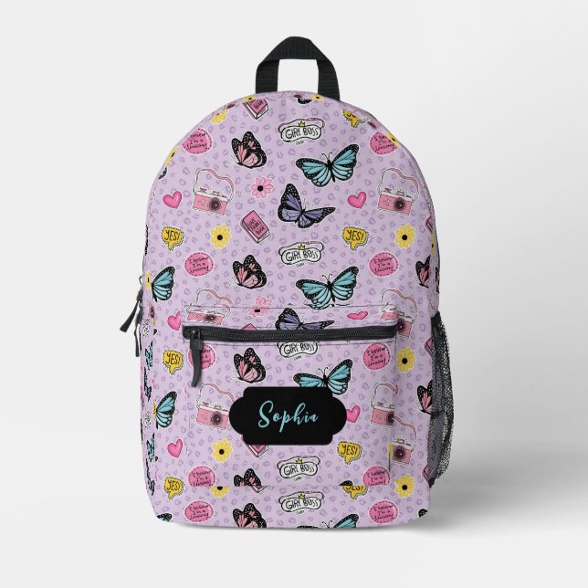 Cute Girly Pink Watercolor Groovy Butterflies Printed Backpack (Front)