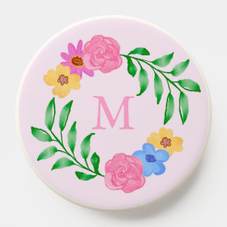 Cute Girly Pink Watercolour Flower Wreath Monogram PopSocket