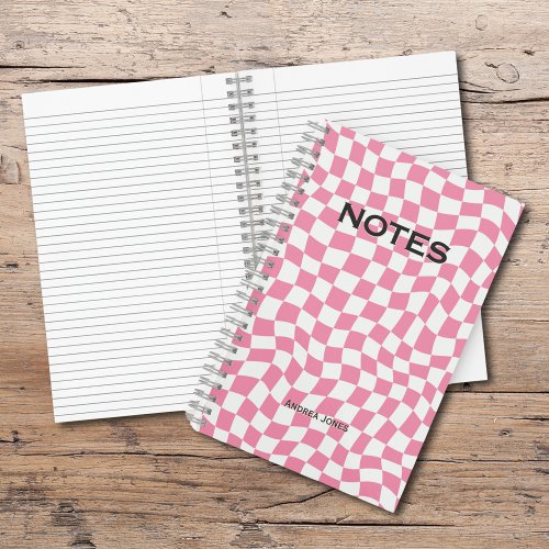 Cute Girly Pink Wavy Check Monogrammed Name Notebook