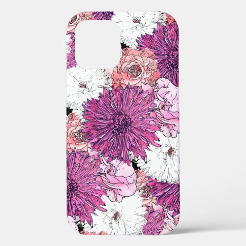 Cute Girly Pink  White Floral Illustration iPhone 12 Pro Case