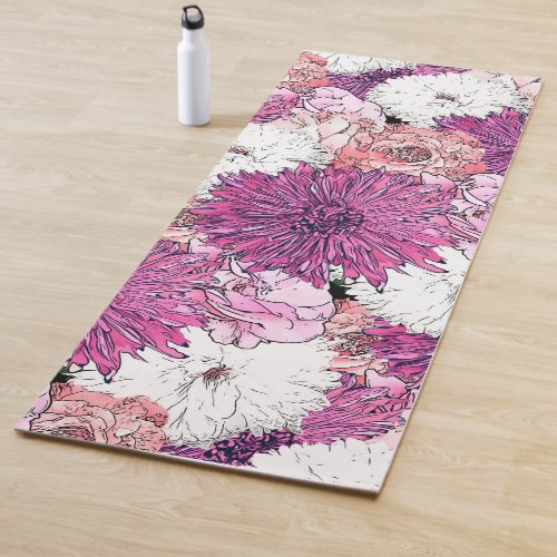 Cute Girly Pink  White Floral Illustration Yoga Mat
