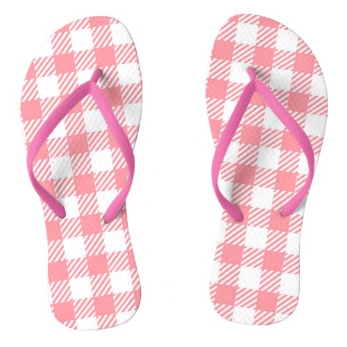 Cute Girly Pink White Gingham Plaid Flip Flops